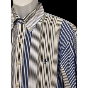 Polo Ralph Lauren Mens Dress Shirt‎ White Blue Stripe Navy Pony Button L